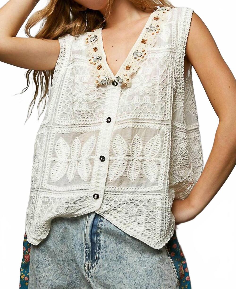 NEW POL boho crochet lace trim embellishment vest top in off white